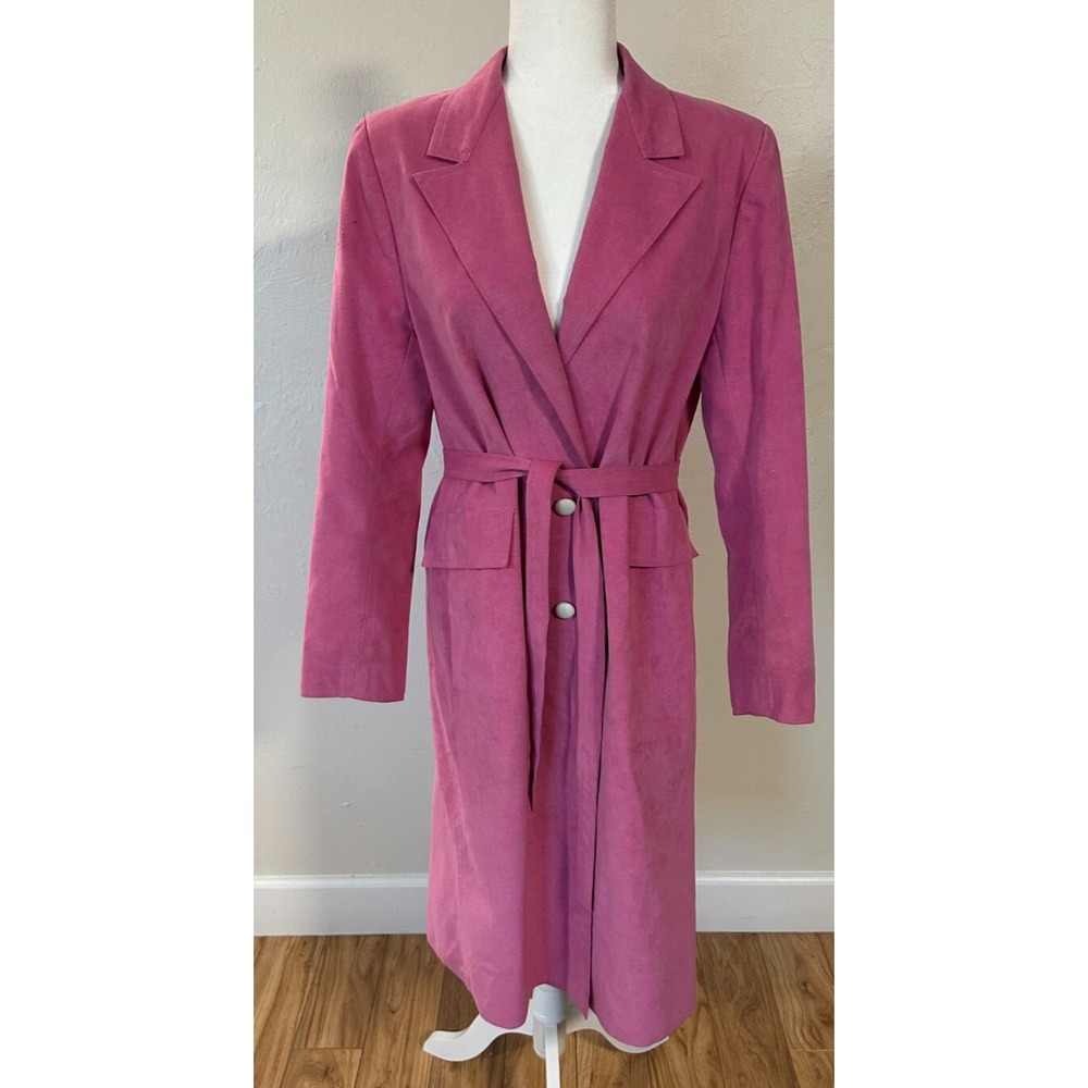 Vintage Women's Ultrasuede‎ Bubble Gum Electric Pink Long Trench Coat Size 6 - Picture 7 of 13